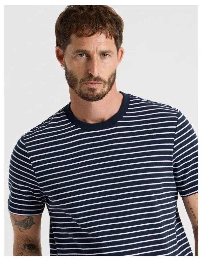 Basque Stripe Crew Neck T-Shirt in Navy