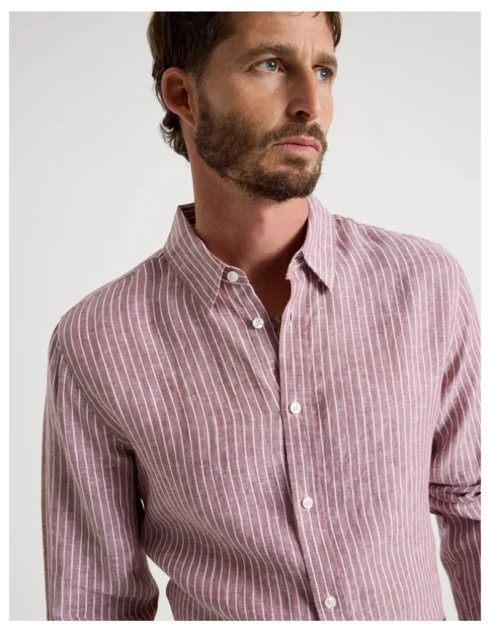 Basque Stripe Long Sleeve Linen Shirt in Rust