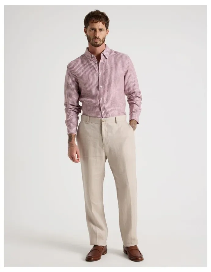 Basque Stripe Long Sleeve Linen Shirt in Rust