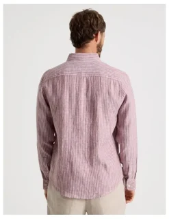 Basque Stripe Long Sleeve Linen Shirt in Rust