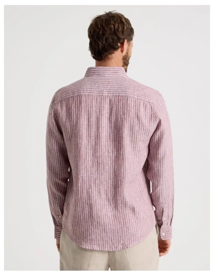 Basque Stripe Long Sleeve Linen Shirt in Rust