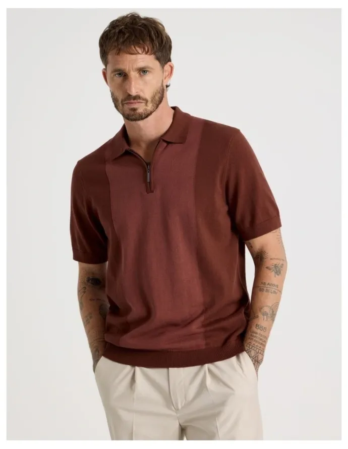 Basque Vertical Colour Block Polo in Brown