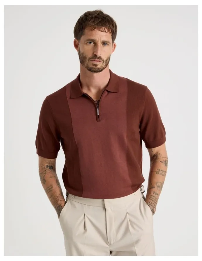 Basque Vertical Colour Block Polo in Brown