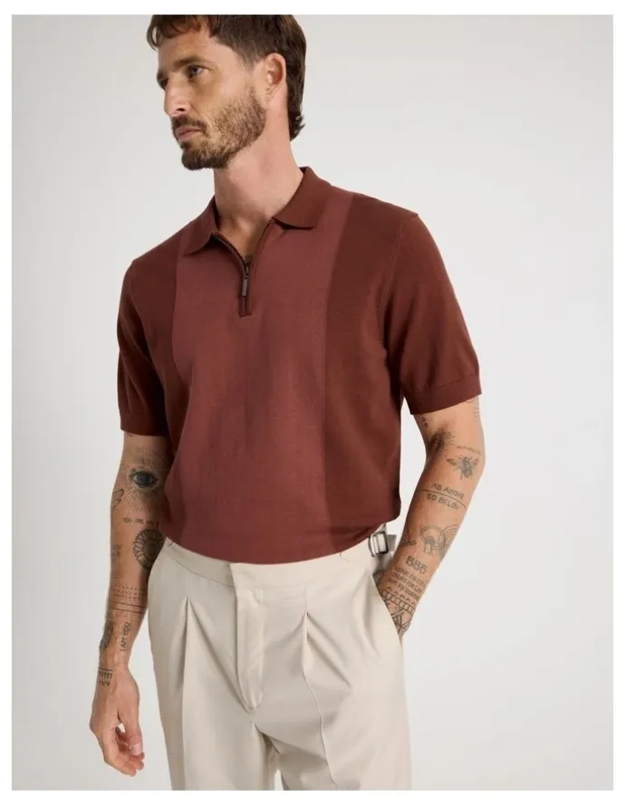 Basque Vertical Colour Block Polo in Brown