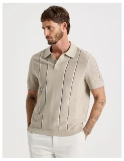 Basque Vertical Stripe Knit Polo in Sand
