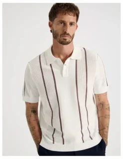 Basque Vertical Stripe Knit Polo in White