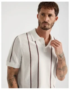 Basque Vertical Stripe Knit Polo in White