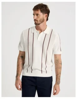 Basque Vertical Stripe Knit Polo in White