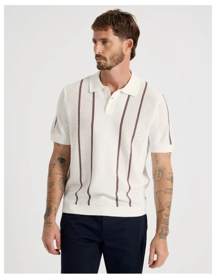 Basque Vertical Stripe Knit Polo in White