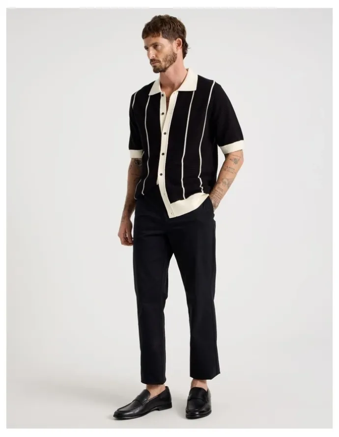 Basque Vertical Tipping Short Sleeve Knit Shirt in Black