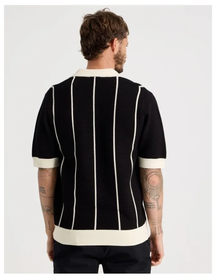 Basque Vertical Tipping Short Sleeve Knit Shirt in Black