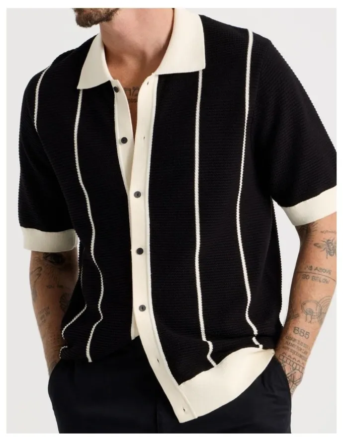 Basque Vertical Tipping Short Sleeve Knit Shirt in Black