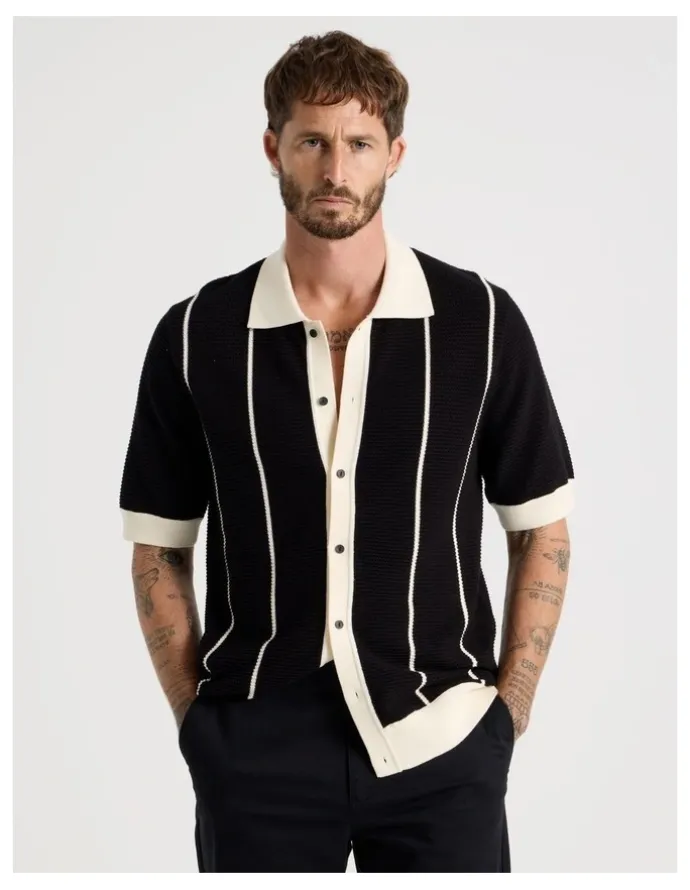 Basque Vertical Tipping Short Sleeve Knit Shirt in Black