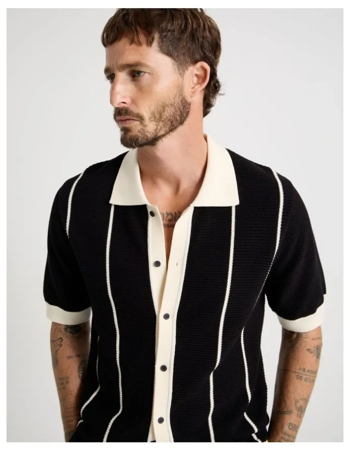 Basque Vertical Tipping Short Sleeve Knit Shirt in Black