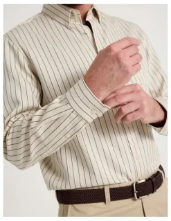 Basque Viscose Cotton Ticking Stripe Shirt in Sand