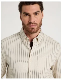 Basque Viscose Cotton Ticking Stripe Shirt in Sand