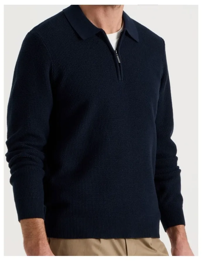 Basque Waffle Knit Quarter Zip Sweater in Navy