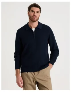 Basque Waffle Knit Quarter Zip Sweater in Navy
