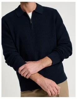 Basque Waffle Knit Quarter Zip Sweater in Navy