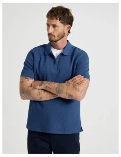 Basque Zip Neck Self Stripe Polo in Cobalt