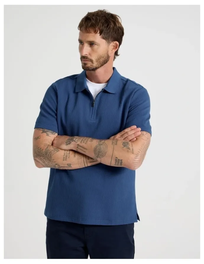 Basque Zip Neck Self Stripe Polo in Cobalt