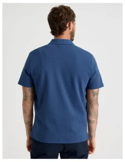 Basque Zip Neck Self Stripe Polo in Cobalt