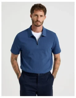 Basque Zip Neck Self Stripe Polo in Cobalt