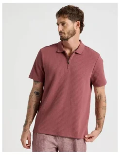 Basque Zip Neck Self Stripe Polo in Rust