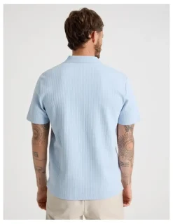 Basque Zip Neck Self Stripe Polo in Light Blue