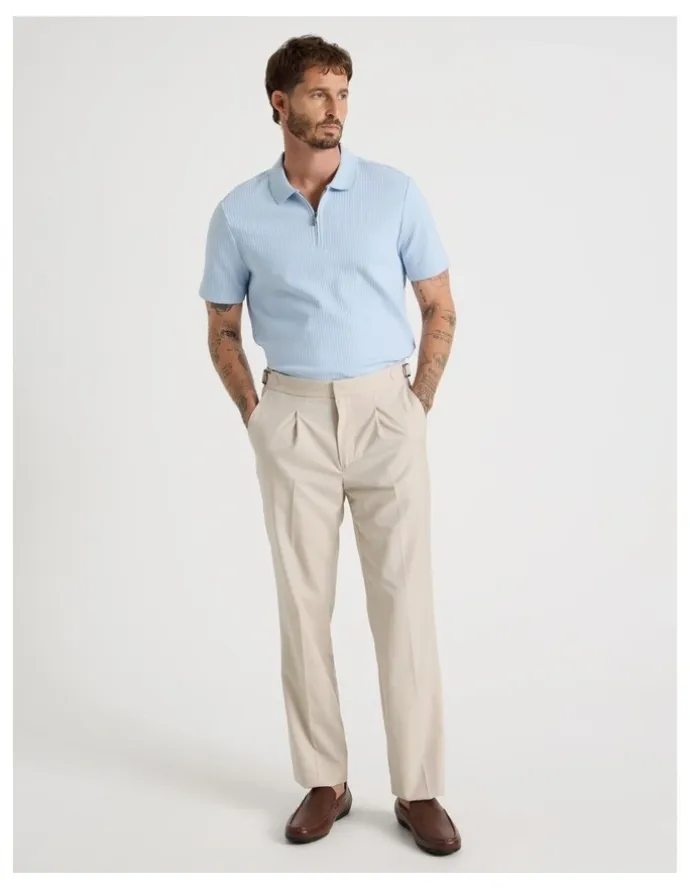 Basque Zip Neck Self Stripe Polo in Light Blue