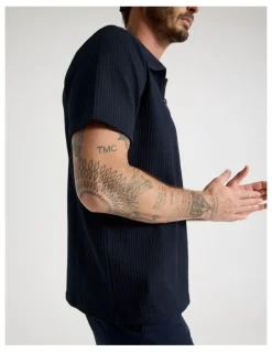 Basque Zip Neck Self Stripe Polo in Navy