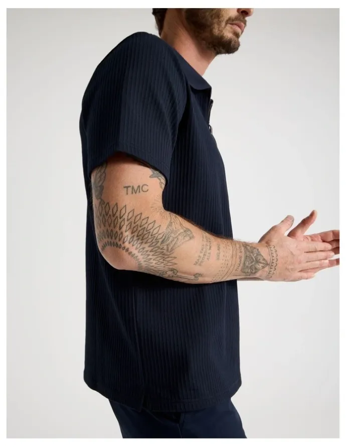 Basque Zip Neck Self Stripe Polo in Navy