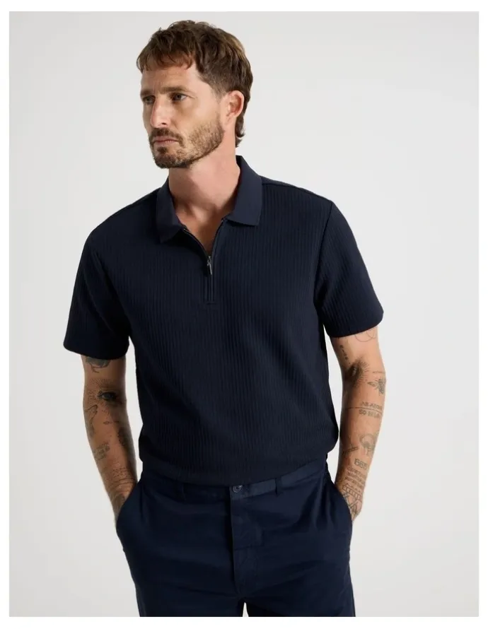 Basque Zip Neck Self Stripe Polo in Navy