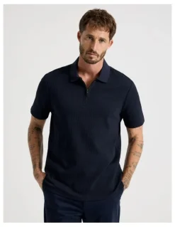 Basque Zip Neck Self Stripe Polo in Navy