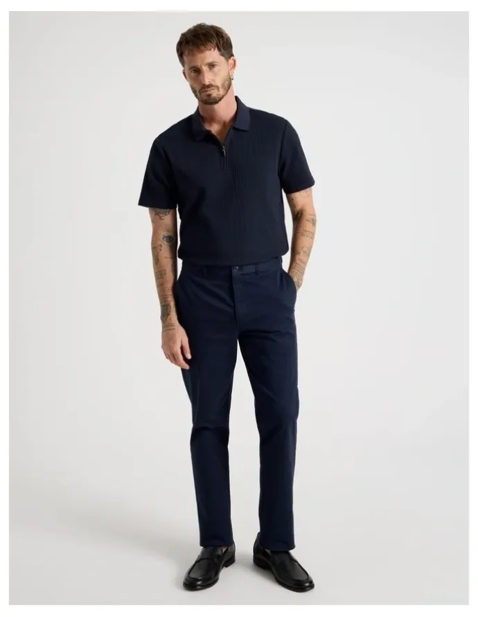 Basque Zip Neck Self Stripe Polo in Navy