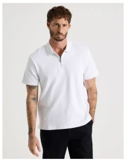 Basque Zip Neck Self Stripe Polo in White