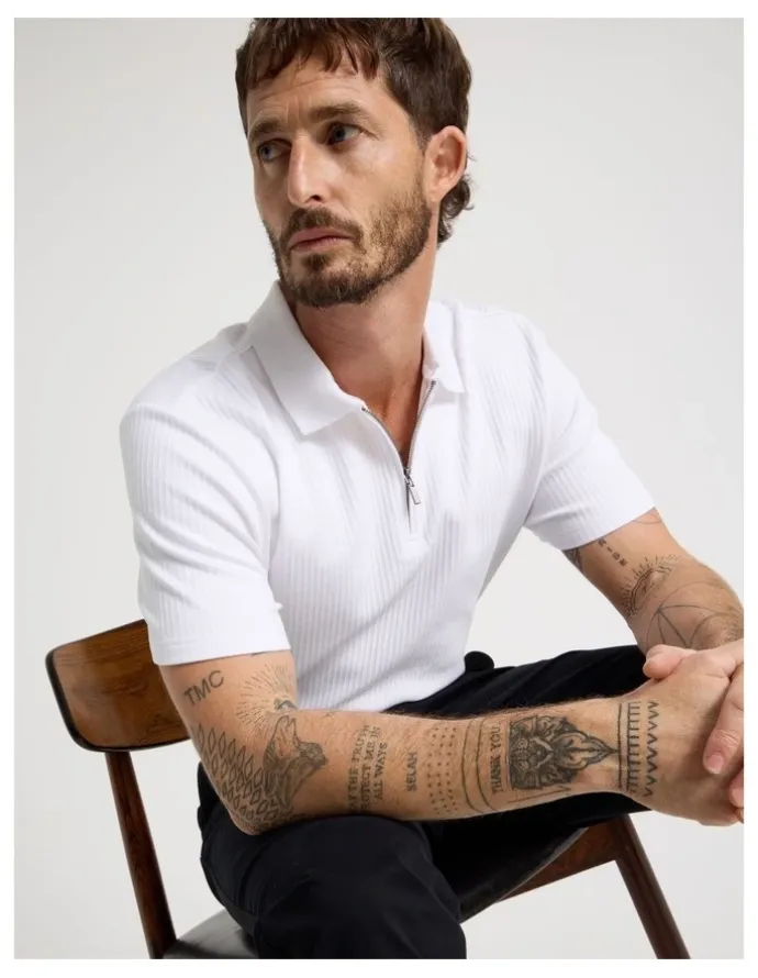 Basque Zip Neck Self Stripe Polo in White