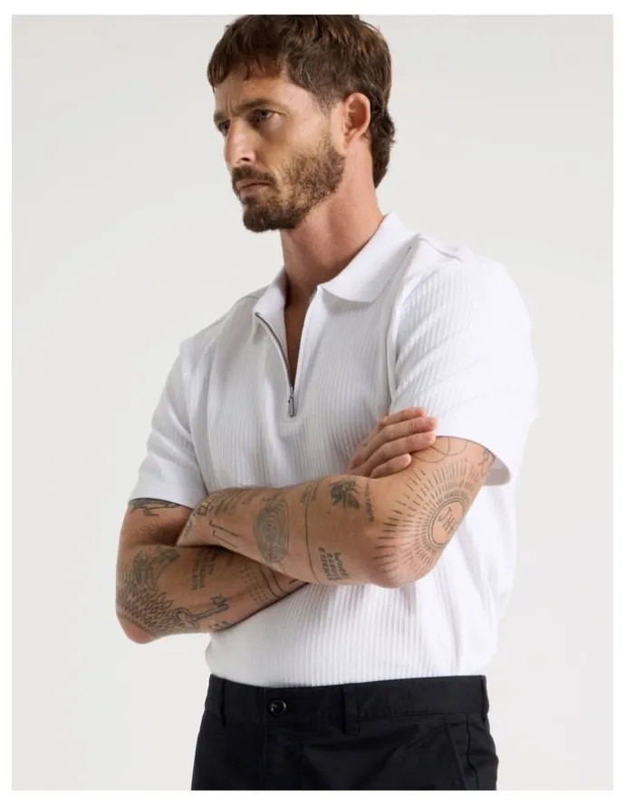 Basque Zip Neck Self Stripe Polo in White