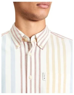 Ben Sherman Multicolour Oxford Stripe Short Sleeve Shirt in Ivory
