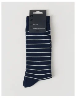 Blaq Australian Cotton Narrow Stripe Socks in Navy & Soft Sand