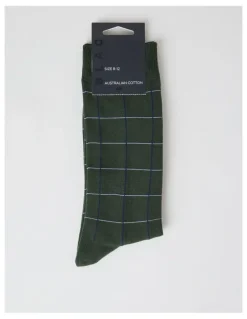 Blaq Australian Cotton Window Check Socks in Green Slate and Navy