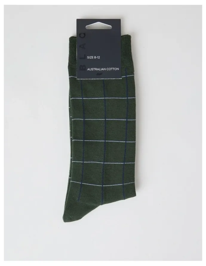 Blaq Australian Cotton Window Check Socks in Green Slate and Navy