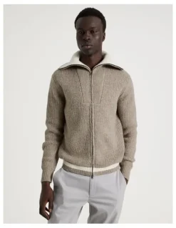 Blaq Contrast Collar Zip Through Bomber Knit in Beige