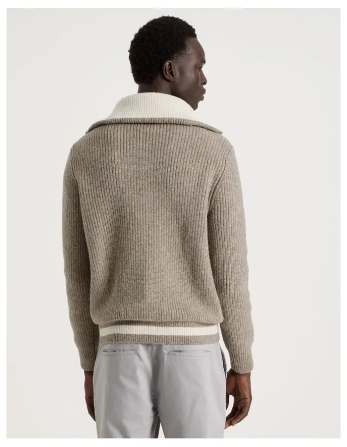 Blaq Contrast Collar Zip Through Bomber Knit in Beige