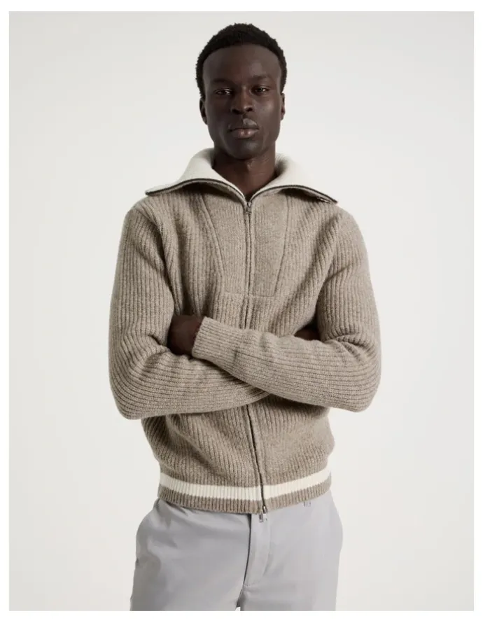 Blaq Contrast Collar Zip Through Bomber Knit in Beige