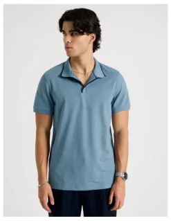 Blaq Contrast Tipping Open Collar Short Sleeve Polo in Blue