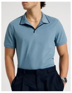 Blaq Contrast Tipping Open Collar Short Sleeve Polo in Blue