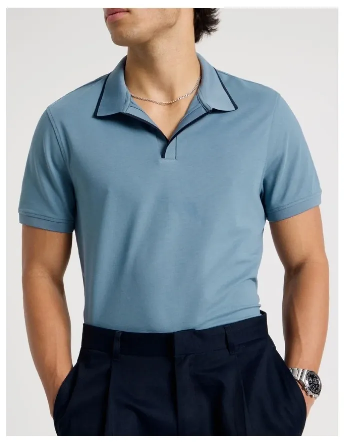 Blaq Contrast Tipping Open Collar Short Sleeve Polo in Blue