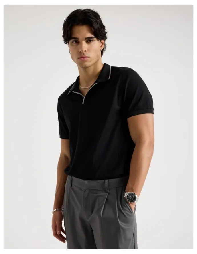 Blaq Contrast Tipping Open Collar Short Sleeve Polo in Black