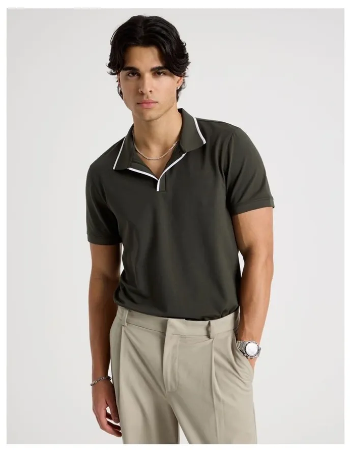 Blaq Contrast Tipping Open Collar Short Sleeve Polo in Khaki